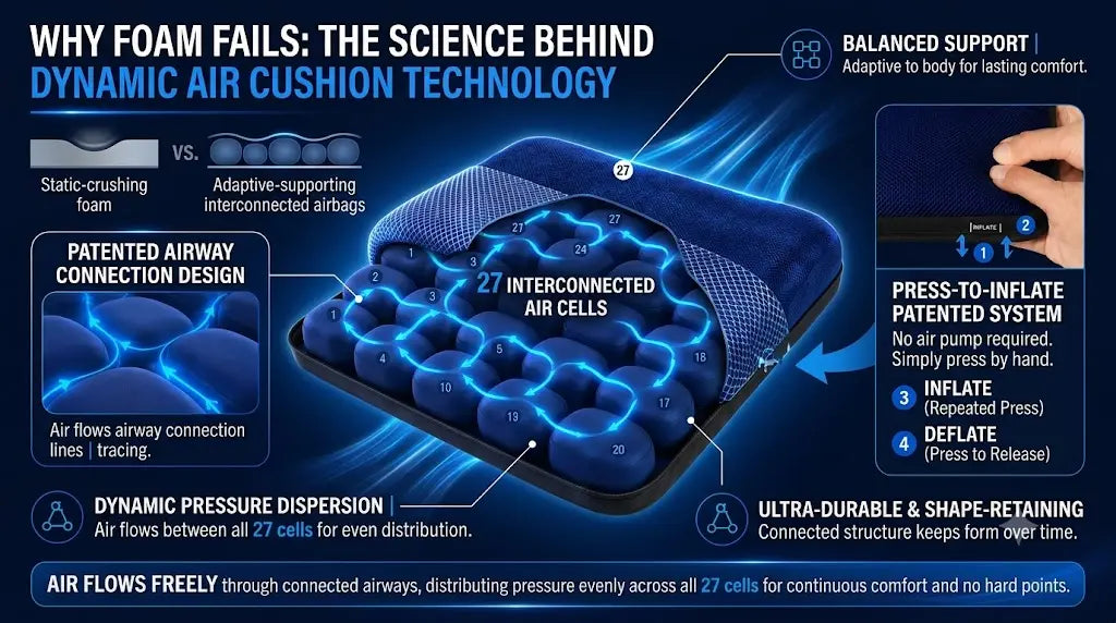 An infographic titled "WHY FOAM FAILS: THE SCIENCE BEHIND DYNAMIC AIR CUSHION TECHNOLOGY." It highlights a cutaway view of 27 interconnected air cells, static foam comparison, patented airway connection design, and hand-operated press-to-inflate system.