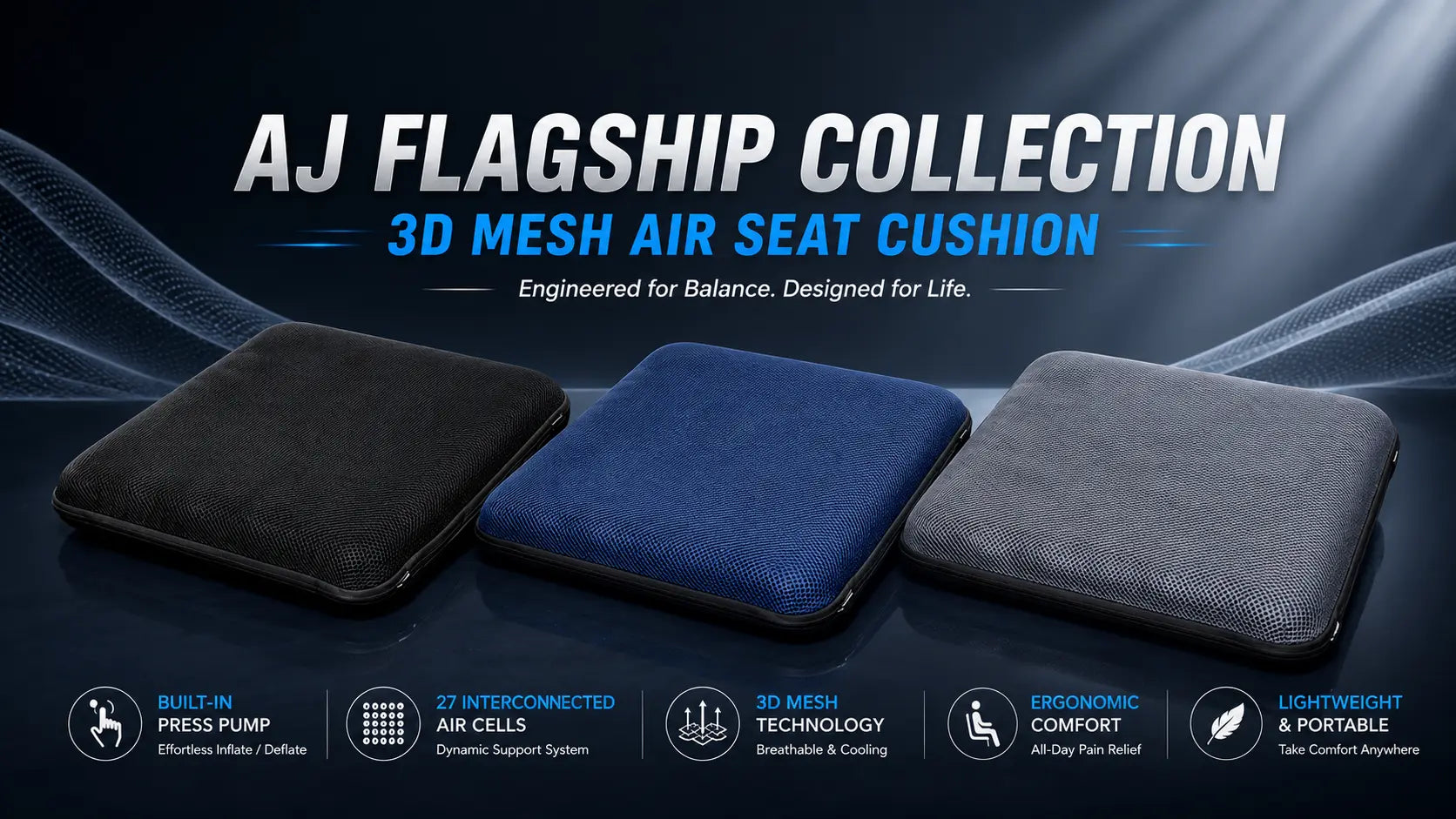 AJ 3D Air Mesh Seat Cushion — Classic Colors in Black, Grey and Blue