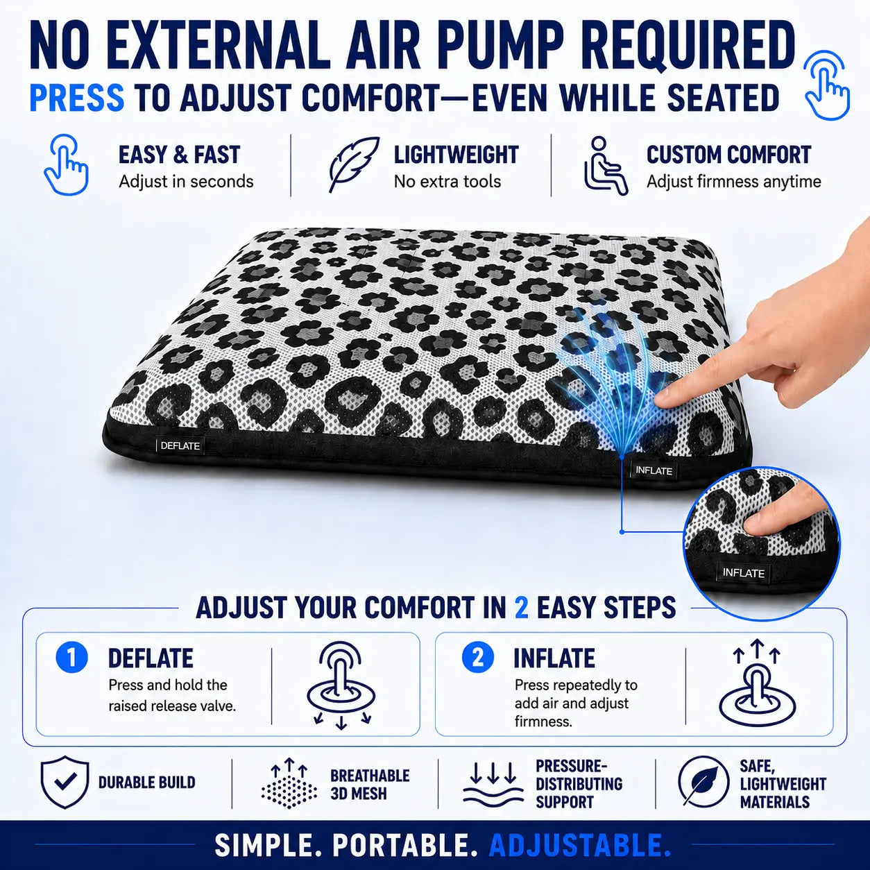 AJ Black Grey Leopard Print 3D Air Mesh Seat Cushion