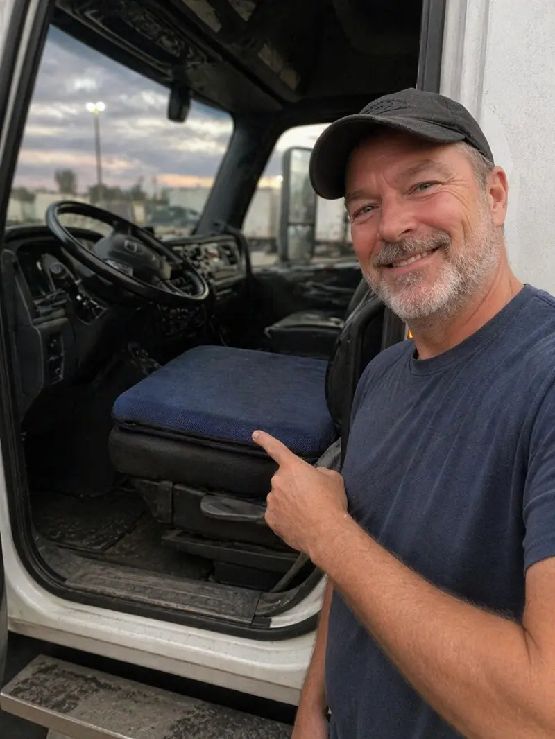 A smiling middle-aged truck driver pointing at his AJ Air Cushion Blue Mesh seat cushion on a driver seat, showing long-term usage for back pain relief.
