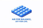 AJ Air Cushion logo featuring 3D blue air cell technology icon and the brand slogan "Air for Balance, Joy for Life."