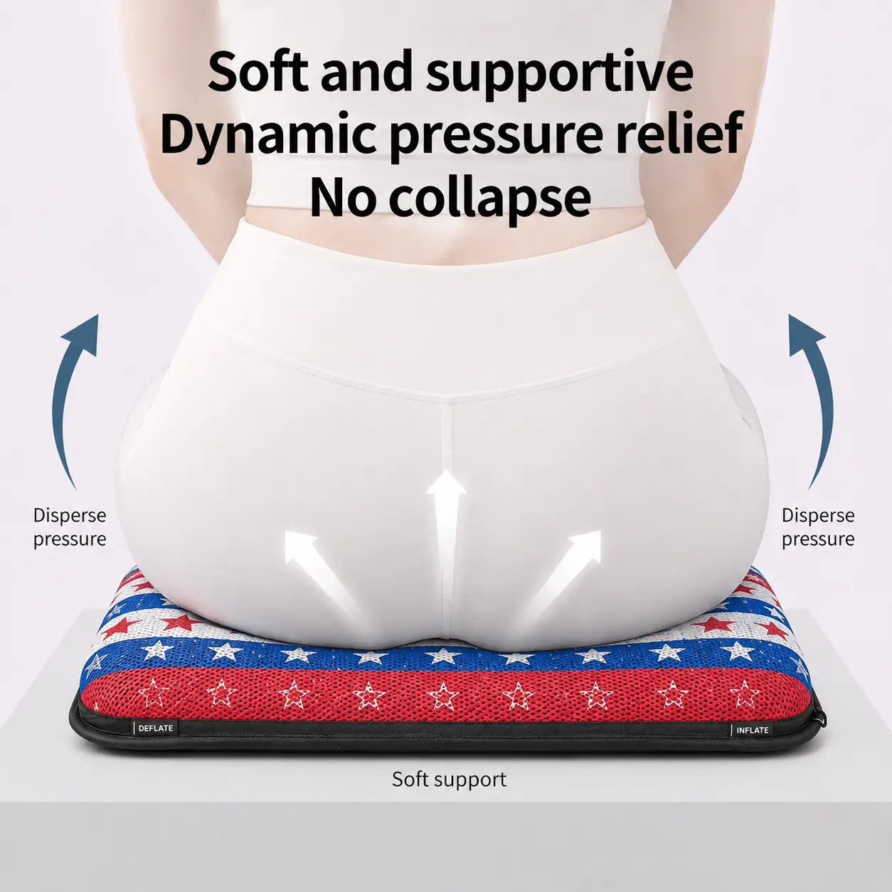 A promotional product infographic diagram demonstrating pelvic weight distribution on an ergonomic air seat cushion. Viewed from behind, a woman wearing white athletic wear sits on a patriotic American flag themed cushion featuring a structured "Wave Flag" mesh pattern with horizontal rows of white stars on a blue section, white stars on a red section, and red stars on a white section. Three white arrows point upward on her lower back to illustrate "Soft support," while blue curved arrows on both sides poin