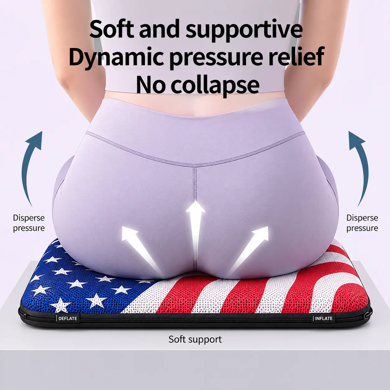 A promotional product infographic diagram demonstrating pelvic weight distribution on an ergonomic air seat cushion. Viewed from behind, a woman wearing light purple athletic leggings sits on a patriotic American flag themed cushion featuring white stars over a rich blue field on the left and wavy red and white stripes on the right. Three white arrows point upward on her lower body to illustrate "Soft support," while blue curved arrows on both sides point outward, labeled "Disperse pressure." Prominent blac
