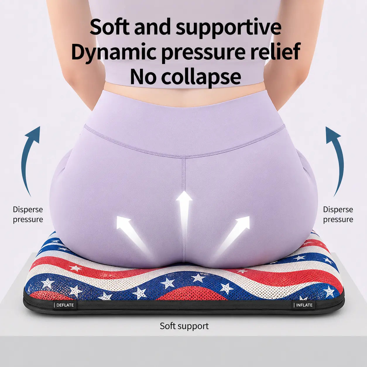 A promotional product infographic diagram demonstrating pelvic weight distribution on an ergonomic air seat cushion. Viewed from behind, a woman wearing light purple athletic leggings sits on a patriotic American flag themed cushion featuring multiple horizontal, wavy alternating stripes of red, white, and blue decorated with small white five-pointed stars. Three white arrows point upward on her lower back to illustrate "Soft support," while blue curved arrows on both sides point outward, labeled "Disperse 