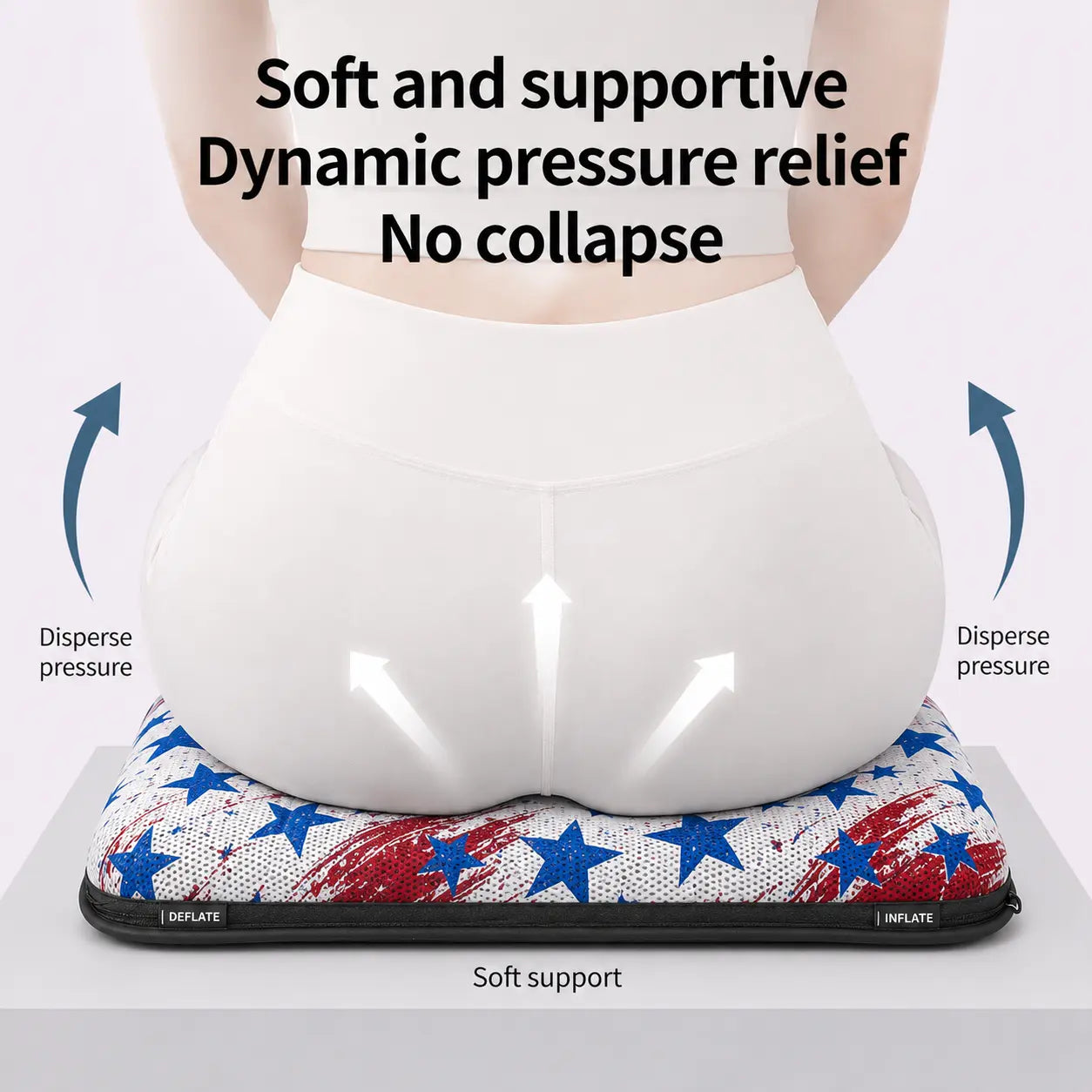 A promotional product infographic diagram demonstrating pelvic weight distribution on an ergonomic air seat cushion. Viewed from behind, a woman wearing white athletic wear sits on a classic patriotic American flag themed cushion featuring a bold arrangement of white stars over a solid blue section on the left and crisp red and white horizontal stripes on the right. Three white arrows point upward on her lower back to illustrate "Soft support," while blue curved arrows on both sides point outward, labeled "