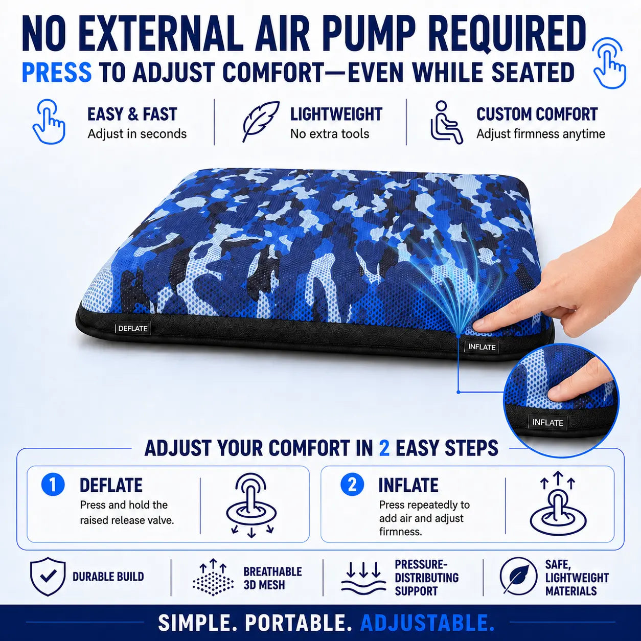 AJ Blue Camouflage 3D Air Mesh Seat Cushion